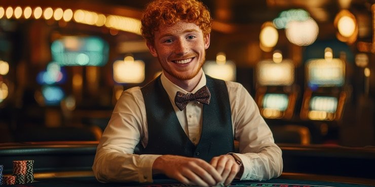Instrumen meja kasino modern dengan dealer yang terampil memimpin permainan live